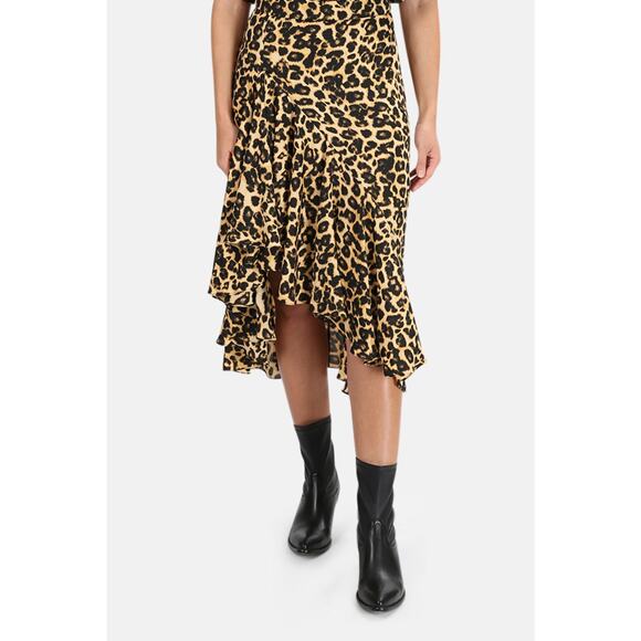 Misa Los Angeles Mireya Leopard Animal Print Ruffled Asymmetric Midi Skirt Sz M - Picture 1 of 10
